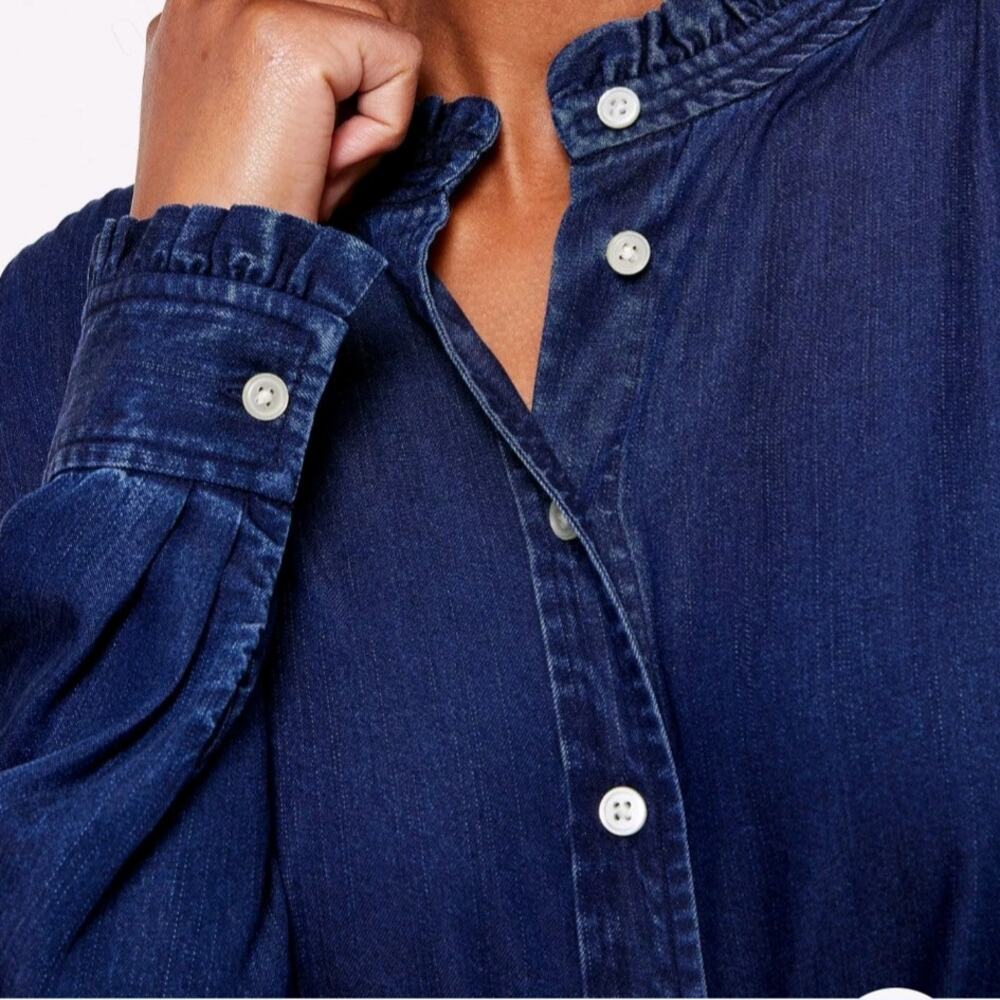 LOFT Chambray Ruffle Blouse Boho Cottagecore Relaxed Peasant Blue Top L Spring - Picture 2 of 13
